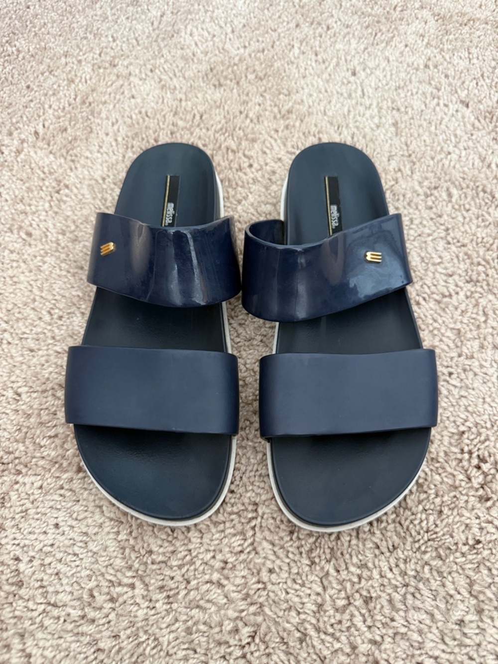 Melissa Navy Double-Band Slide Sandals with Gold Accent